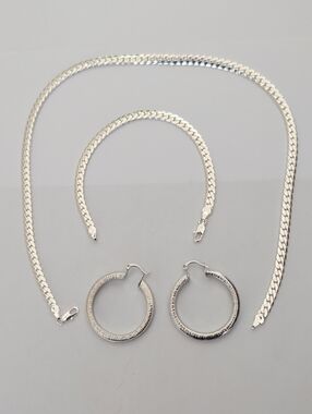 Silver Tone  Necklace and  Bracelet Set Added Hoop Earrings